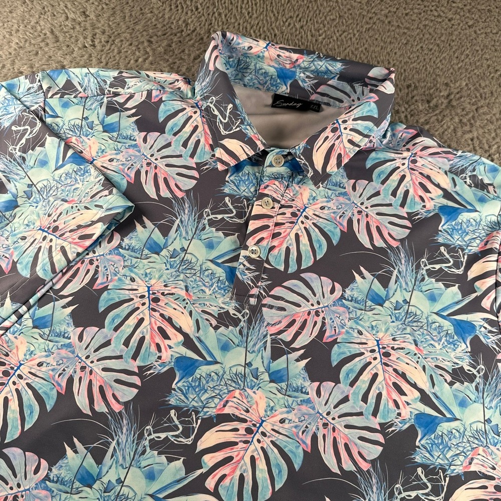 Sunday Swagger Polo Shirt‎ Mens XXL Tropical Leaf Short Sleeve Stretch Gray Golf